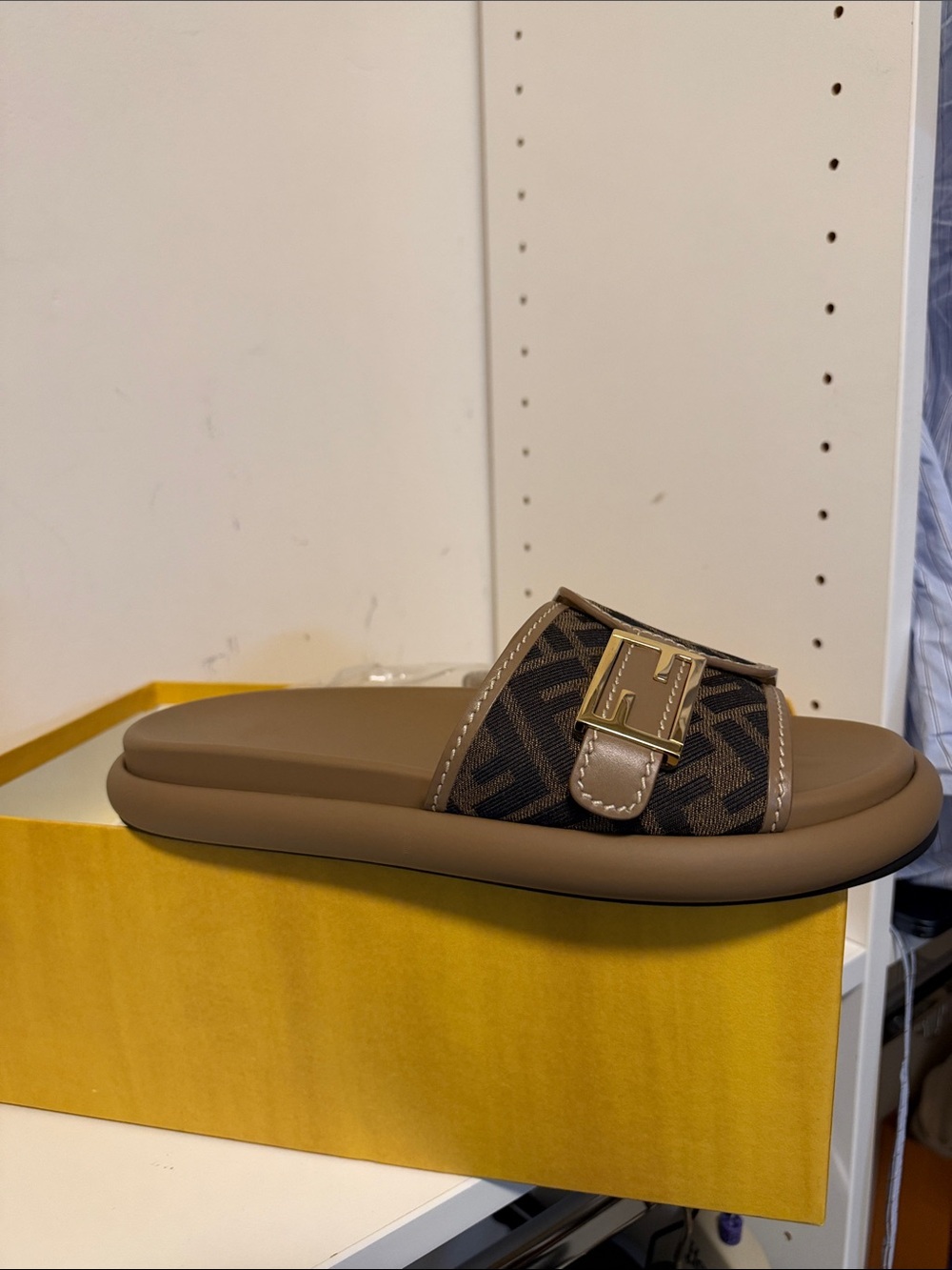 Fendi Men's Brown Monogram Slide with Gold 'F' Buckle